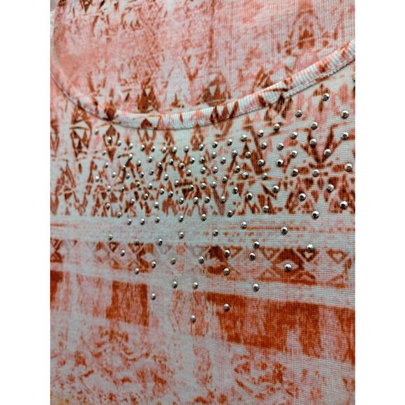 One World Women's Size Large Abstract Boho Embellished 3/4 Sleeves Top - Picture 2 of 6